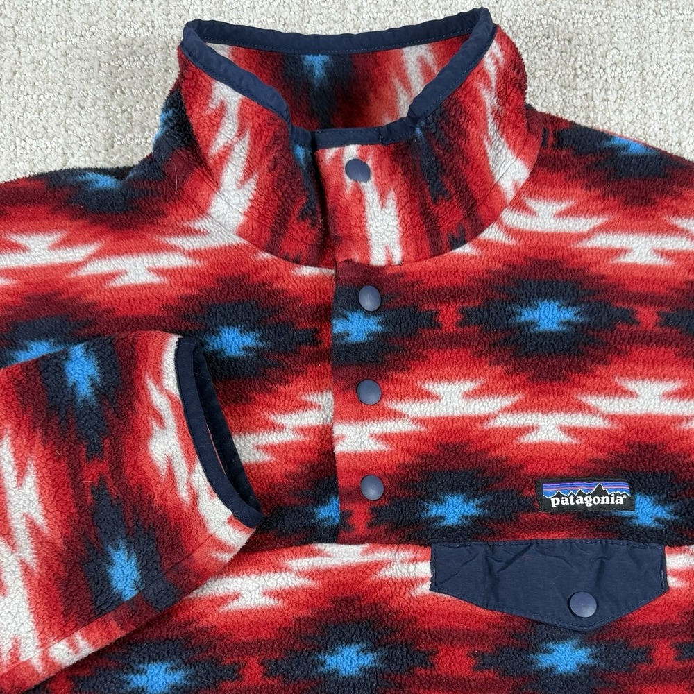 Patagonia Synchilla Women's Medium Red Aztec Fleece Snap Collar Pullover Sweater